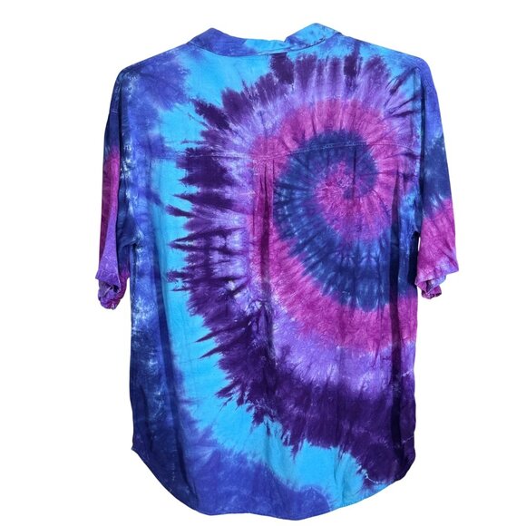 Jayli Batik Tie Dye Button Up Shirt Womens L Blue Purple Rayon Boho Hippie - Picture 2 of 7
